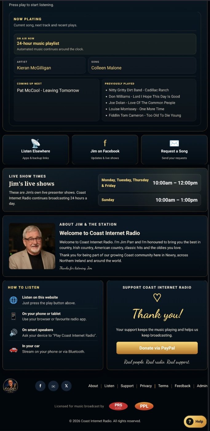 Screenshot showing the lower sections of the Coast Internet Radio homepage, including show times, about content, help information and support panel.