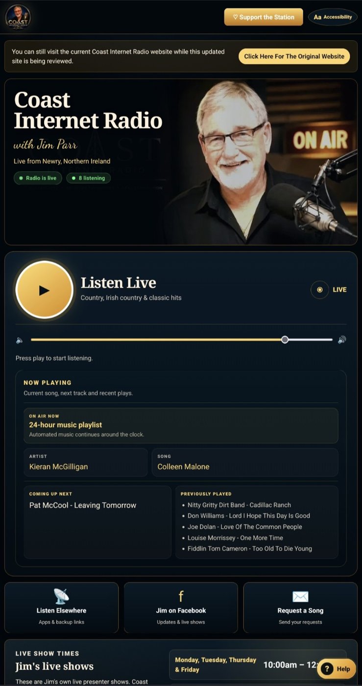 Screenshot of the Coast Internet Radio homepage showing the hero section, live listening area and now playing panel.