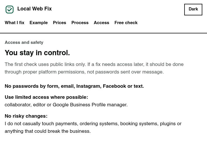 Screenshot showing the Local Web Fix access and safety section explaining passwords, platform permissions and risky changes.