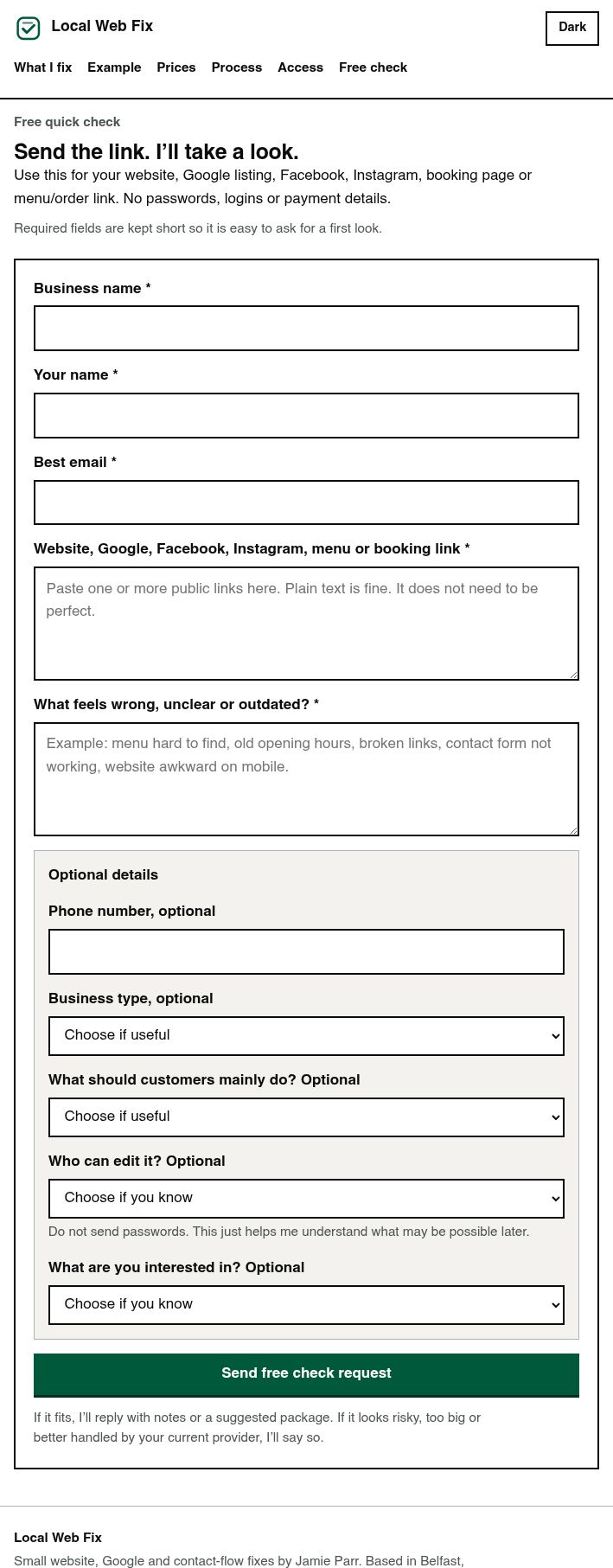 Screenshot showing the Local Web Fix free check form with business name, contact fields and website link fields.