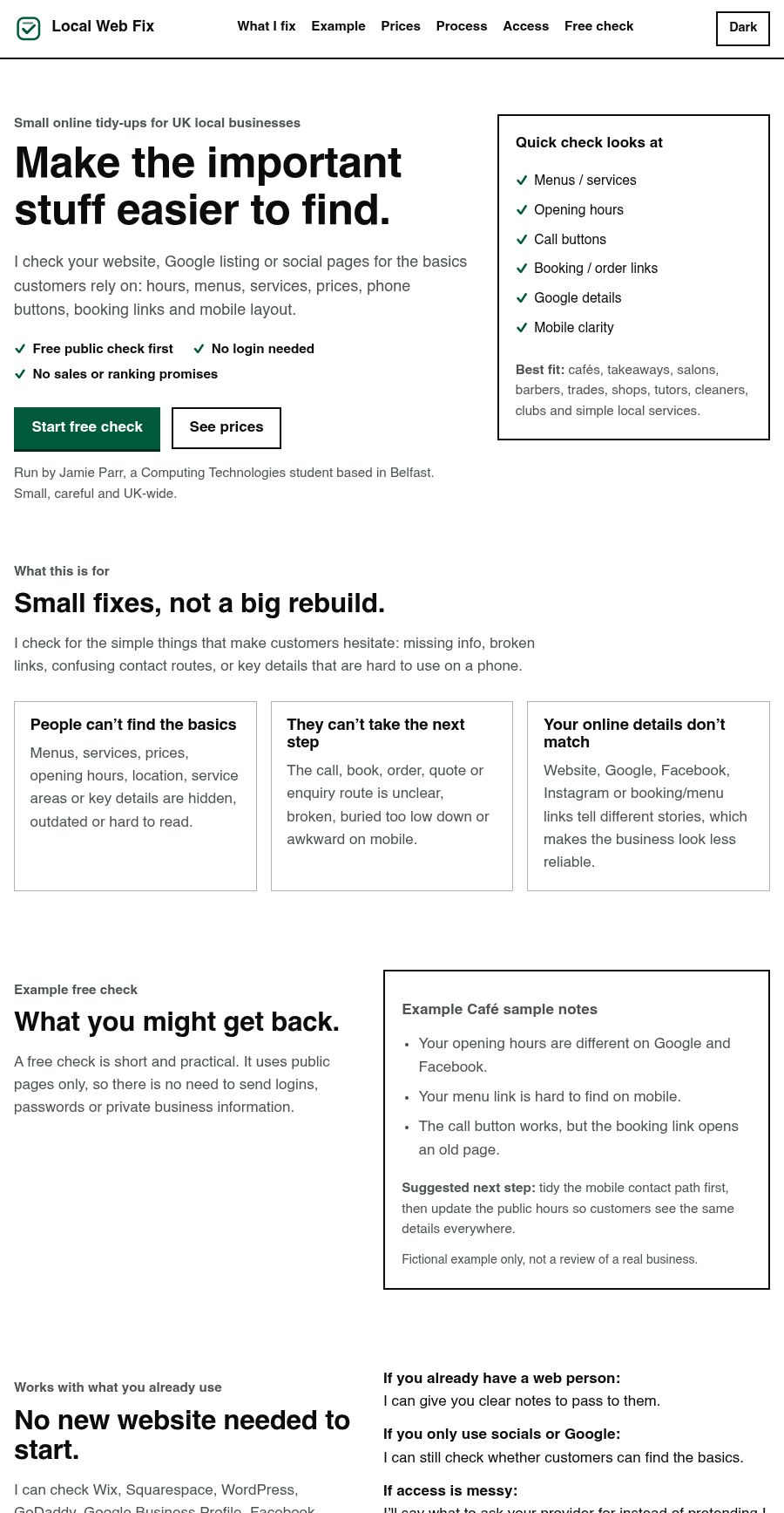 Screenshot showing the Local Web Fix homepage hero, navigation, free check call to action and trust badges.